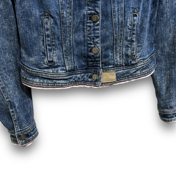Pilcro and the Letterpress Avie Leather Tab Denim Trucker Jacket Size S 16x20 - Picture 3 of 7
